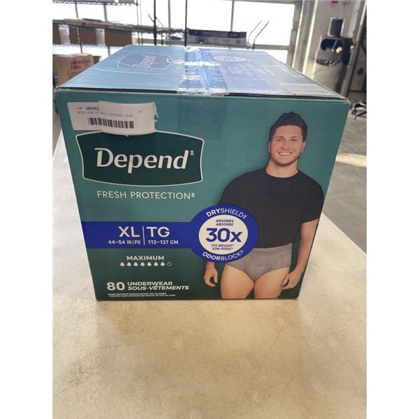 NEW CASE OF MENS  DEPENDS - SIZE XLARGE, 80 PER BOX
