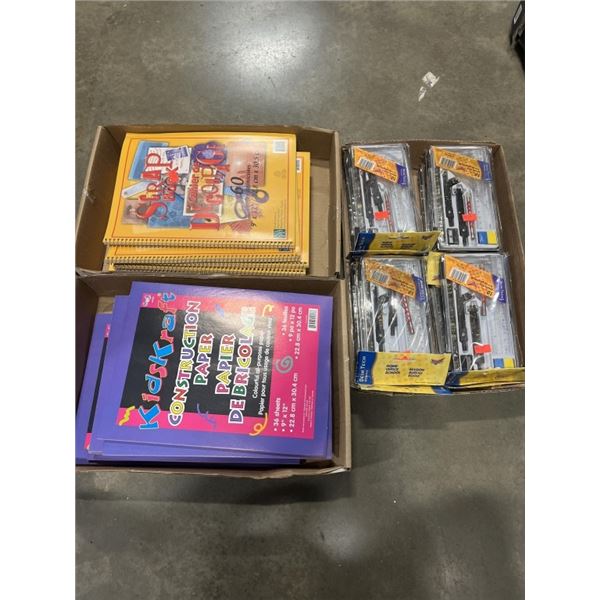 3 TRAYS OF NEW MATH SETS, DRAWING BOOKS AND CONSTRUCTION PAPER
