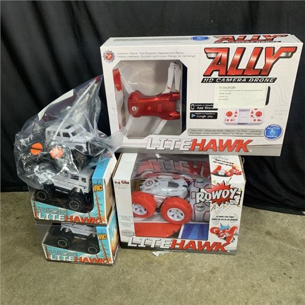 FOUR LITEHAWK RADIO CONTROLLED TRUCKS AND DRONE STORE RETURN UNTESTED