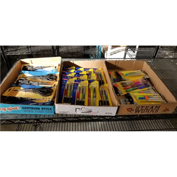3 TRAYS OF NEW SCISSOR SETS, BALL POINT PENS AND GLITTER GLUE