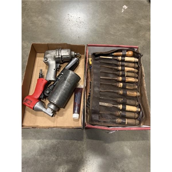 2 TRAYS OR AIR TOOLS AND CHISEL SET ETC