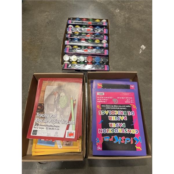 3 TRAYS OF NEW POSTER PAINTS, CONSTRUCTION PAPER AND DRAWING PADS