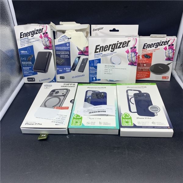ENERGIZER WIRELESS CHARGER WITH ENERGIZER POWER BANK AND IPHONE CASES RETAIL $150