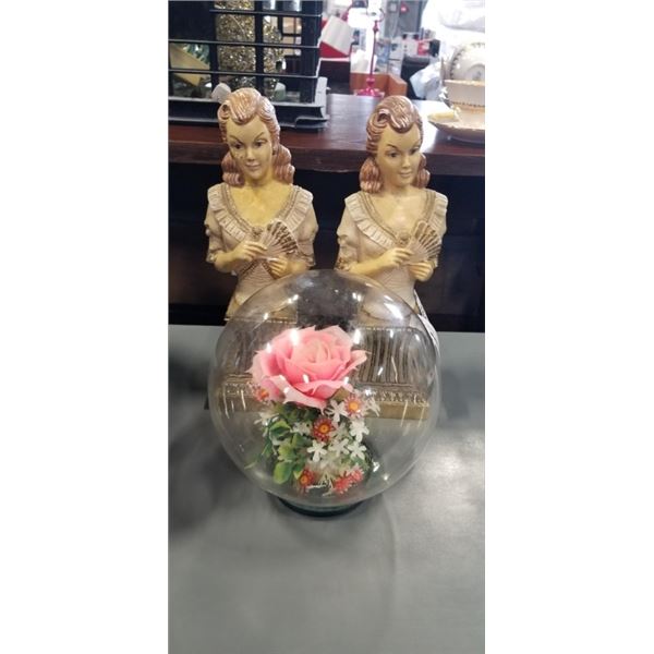 GLASS BALL W/ FLOWER AND BRASS BOOKENDS