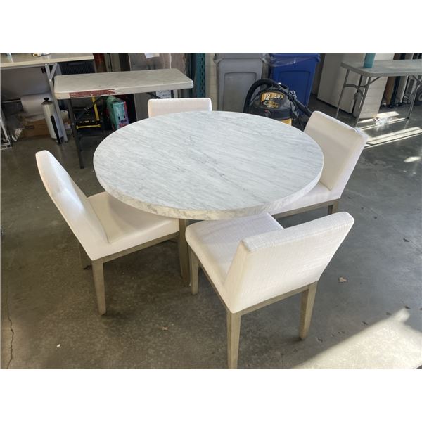 RESTORATION HARDWARE ROUND MARBLE TABLE WITH 4 UPHOLSTERED CHAIRS, 48 INCH DIAMETER