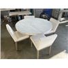 Image 1 : RESTORATION HARDWARE ROUND MARBLE TABLE WITH 4 UPHOLSTERED CHAIRS, 48 INCH DIAMETER