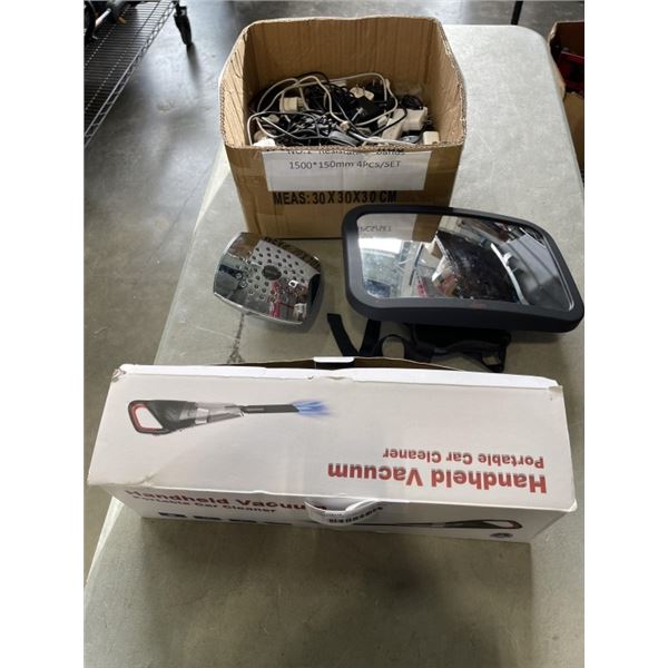 ASSORTED USB CHARGERS, BABY REAR VIEW CAR MIRROR, AND HANDHELD VACUUM