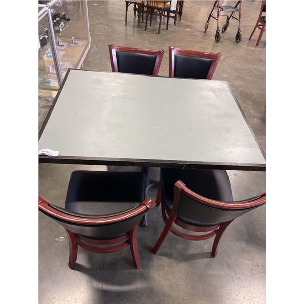 PUB DINING TABLE WITH CAST IRON BASE, AND 4 AS NEW LEATHER SEAT SOLID WOOD DINING CHAIRS, TABLE IS 4