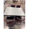 Image 1 : PUB DINING TABLE WITH CAST IRON BASE, AND 4 AS NEW LEATHER SEAT SOLID WOOD DINING CHAIRS, TABLE IS 4