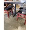 Image 2 : PUB DINING TABLE WITH CAST IRON BASE, AND 4 AS NEW LEATHER SEAT SOLID WOOD DINING CHAIRS, TABLE IS 4