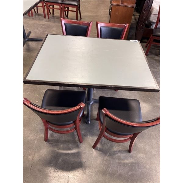 PUB DINING TABLE WITH CAST IRON BASE, AND 4 AS NEW LEATHER SEAT SOLID WOOD DINING CHAIRS, TABLE IS 4