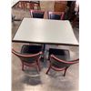Image 1 : PUB DINING TABLE WITH CAST IRON BASE, AND 4 AS NEW LEATHER SEAT SOLID WOOD DINING CHAIRS, TABLE IS 4