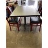 Image 2 : PUB DINING TABLE WITH CAST IRON BASE, AND 4 AS NEW LEATHER SEAT SOLID WOOD DINING CHAIRS, TABLE IS 4