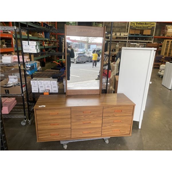 DEFEHR VINTAGE 9 DRAWER DRESSER WITH MIRROR, ONE LEG NEEDS TO BE REATTACHED, NOT BROKEN, STRIPPED TH