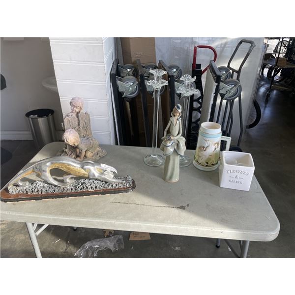 2 LARGE BLOWN GLASS CANDLE STANDS AND LOT OF ASSORTED COLLECTIBLES