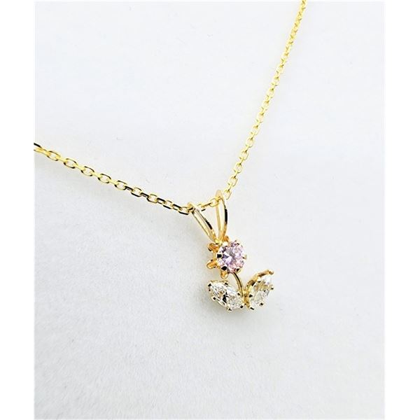 10KT YELLOW GOLD CZ (0.37CT) FLOWER DESIGN PENDANT WITH GOLD PLATED STERLING SILVER CHAIN, W/A $680.