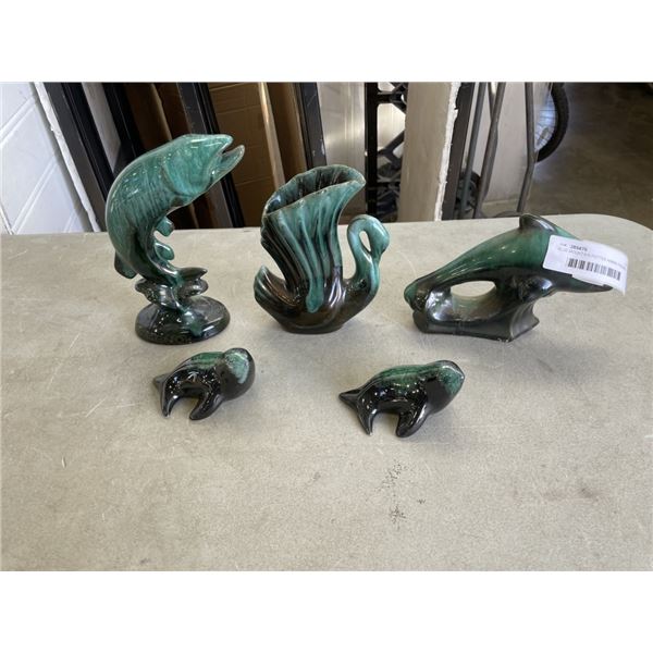 BLUE MOUNTAIN POTTER ANIMAL FIGURES - SWAN, DOLPHIN, FISH, AND 2 SEALS