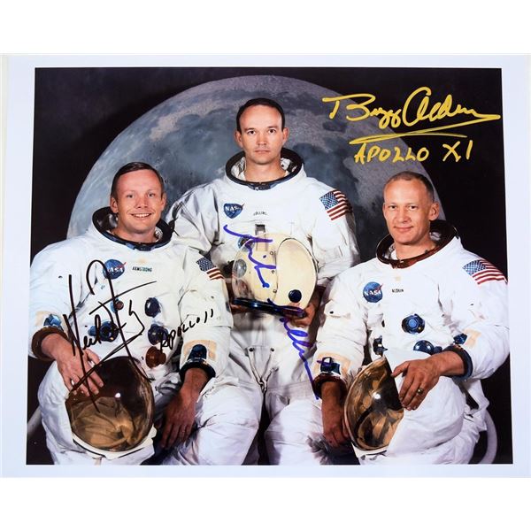 Apollo XI facsimile signed photo autographed by Neil Armstrong, Michael Collins, and Buzz Aldrin