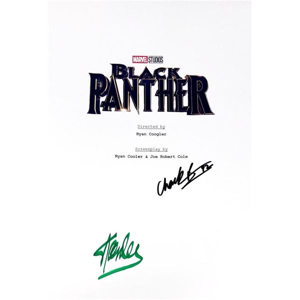 Black Panther Chadwick Boseman and Stan Lee facsimile signed script cover photo