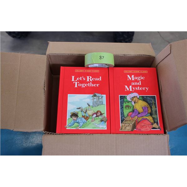 Box containing  children's books from a vintage series, "Let's Read Together" and "Magic and Mystery