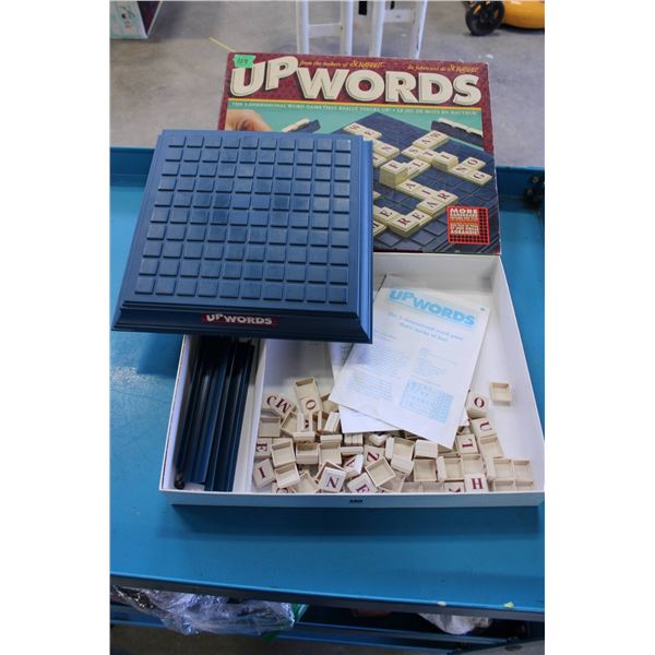 Upwords 3D word building board game in original packaging, includes a game board, letter tiles, rack
