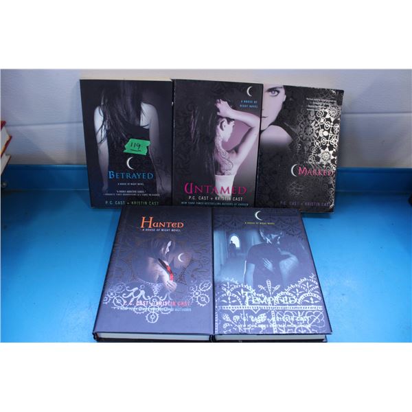 Five hardcover books from the 'House of Night' series by P.C. Cast and Kristin Cast.
