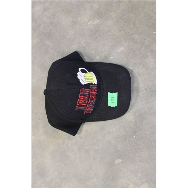 Black snapback cap featuring an embroidered mug of beer and the text 'I Fear No Beer' on the front. 