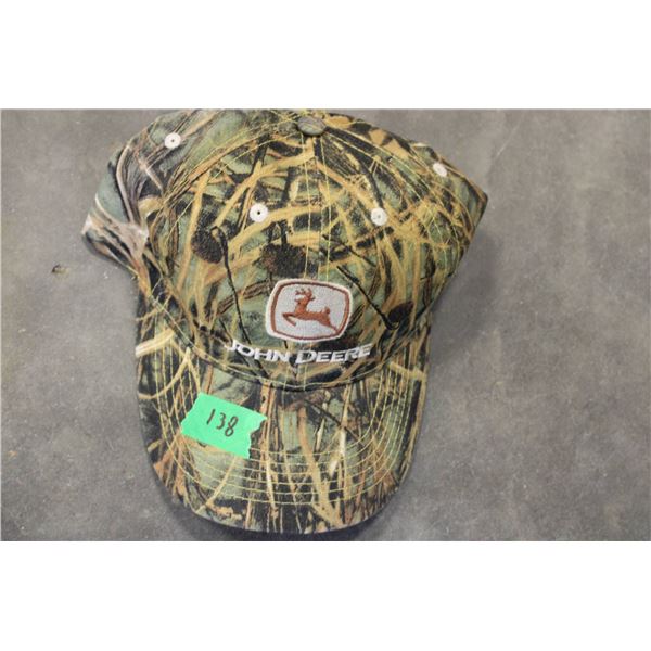 John Deere branded camo baseball cap featuring an embroidered logo 