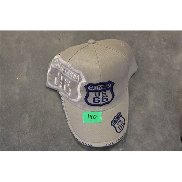 Gray baseball cap featuring Route 66-themed California patches and embroidery. 