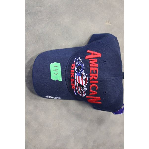 Navy blue cap featuring 'American Biker' embroidered in bold red letters and an American flag-themed