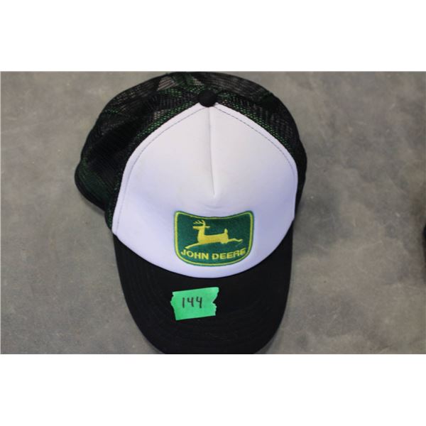John Deere snapback hat featuring a black brim, white front panel, and green logo patch