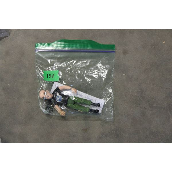 Articulated action figure featuring a bald head, green pants, and a black police-themed shirt with a