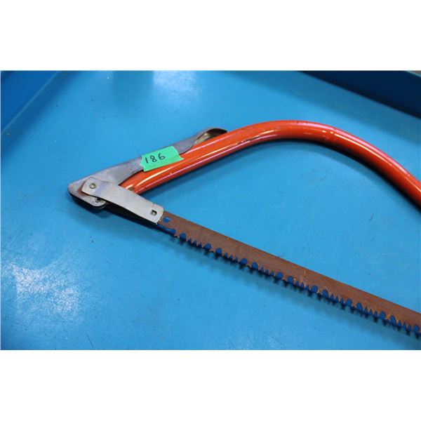 Metal Frame Bow Saw with Orange Handle and Blade
