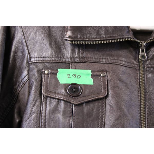 Brown Leather Jacket with Ribbed Collar and Cuffs, Size L