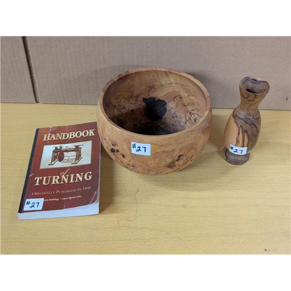 Handbook of Turning 2001, and maple burl bowl, 5 ½ inch vase