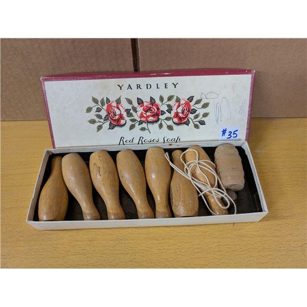 Soap box of vintage wooden bowling pins