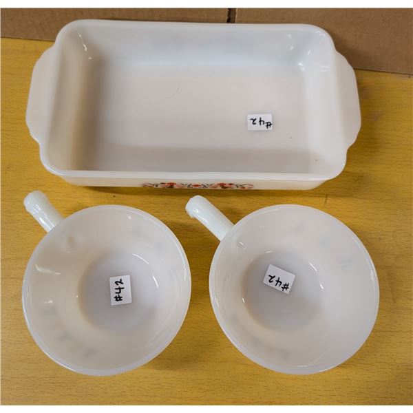 Fire King, onion soup bowls, Candle glow, Baking Pan Prim Rose pattern 1960-62