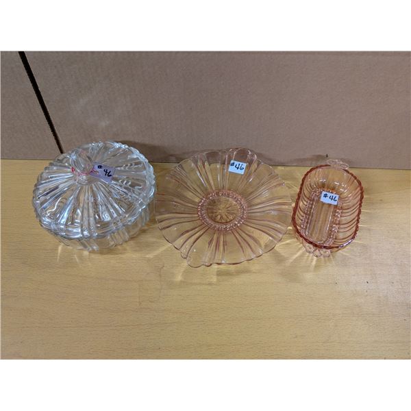 Pink Depression glass, Old Cafe pattern, bonbon, relish, candy dish