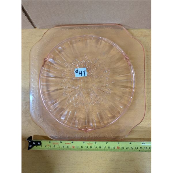 Pink depression glass cake plate, Adam pattern, Jeanette Glass, 1932-34