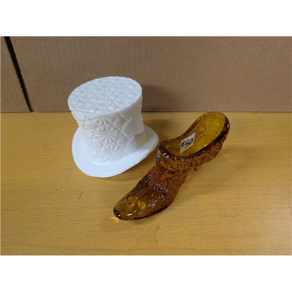 Fenton glass hat and Fenton amber glass shoe