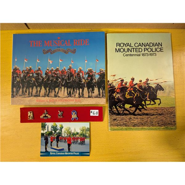RCMP lapel pins, two musical ride brochures, give dates