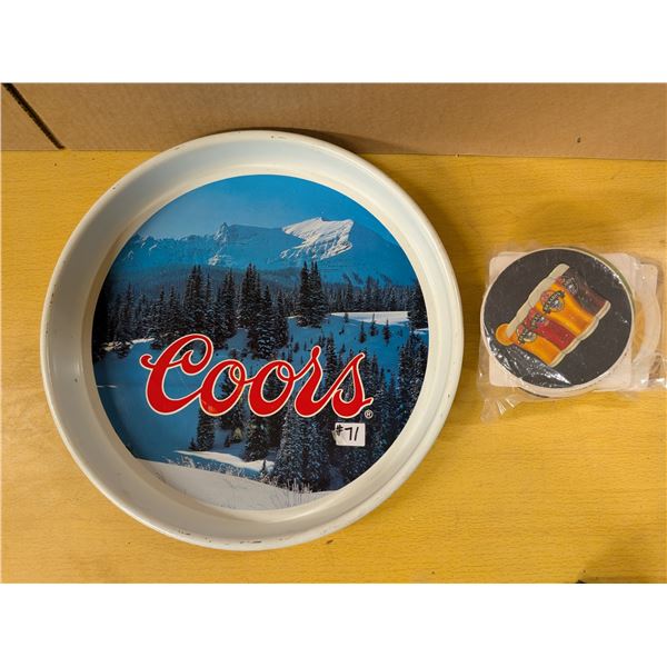Coors Beer tray, 1982, assorted beer coasters