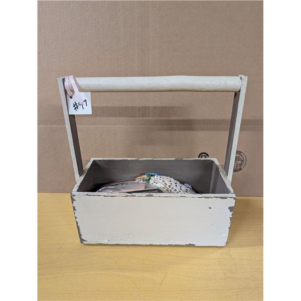 Wood carrier with assorted post cards and paper