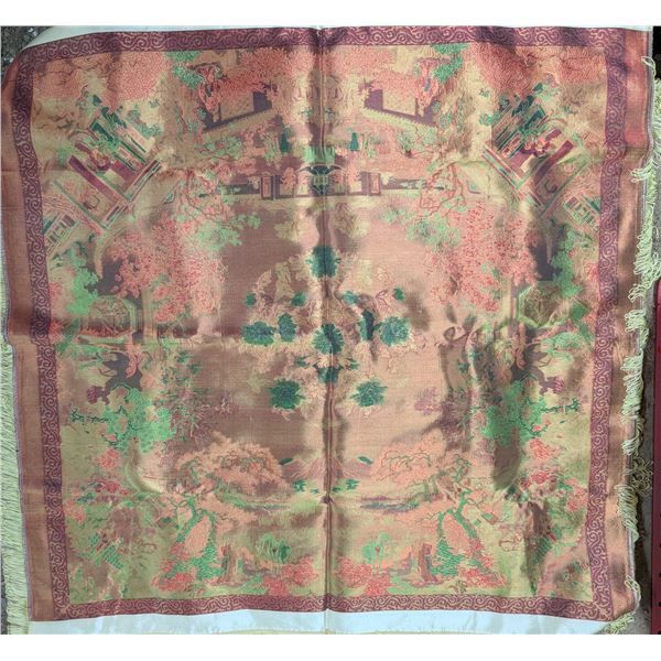 Table cover, Oriental scene with hunting and gardens, 38”x 38”