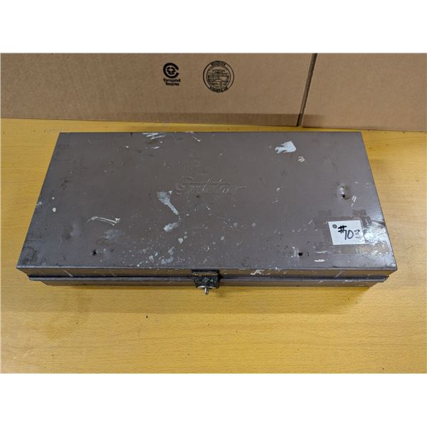 Metal Gestetner box with assorted paper