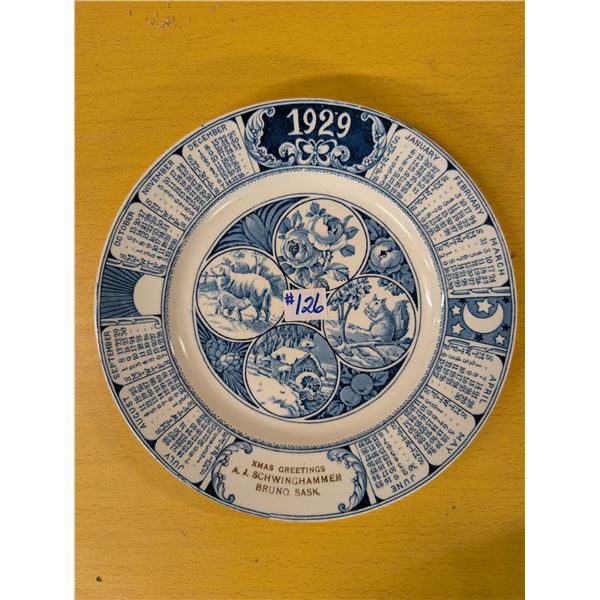 1929 flow blue advertising calender plate