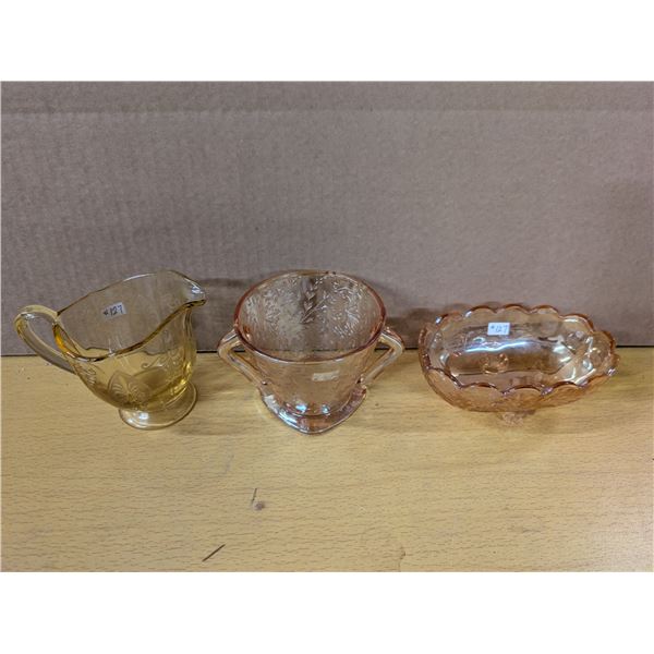 Depression glass creamer and candy dish, Flora gold, check date