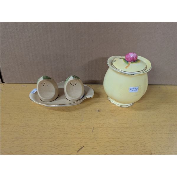 Royal Winton jam jar and salt and pepper, Fuschia pattern, made in England