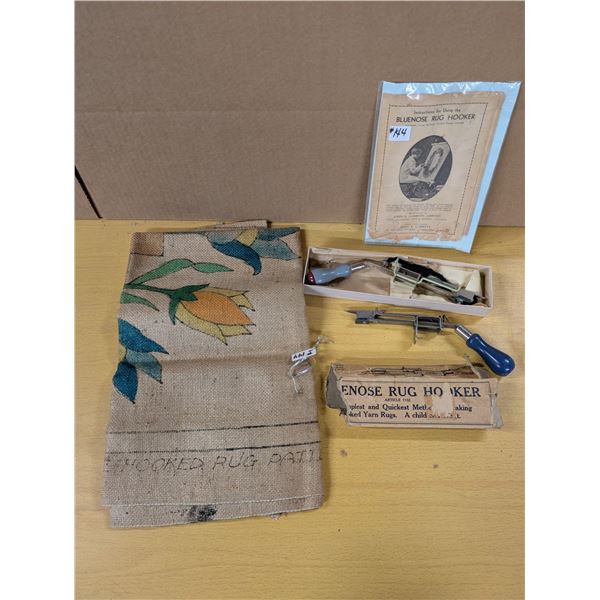 Rug hooking tool, pamphlet and jute rug pattern