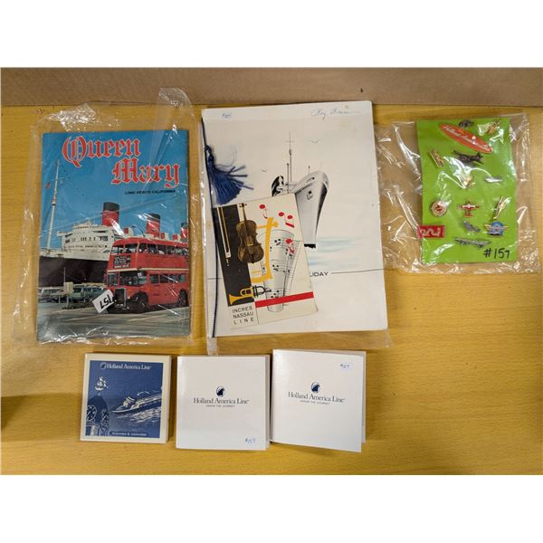 Lot of ship memorabilia, card of travel lapel pins